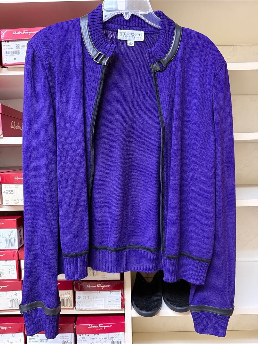 St. John Collection Purple Knit Zip Jacket with Black Leather Trim